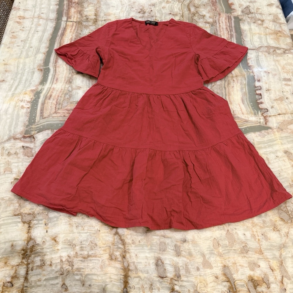 Fancyinn Womens Tiered Babydoll Dress Red V Neck Ruffle Sleeve Size S